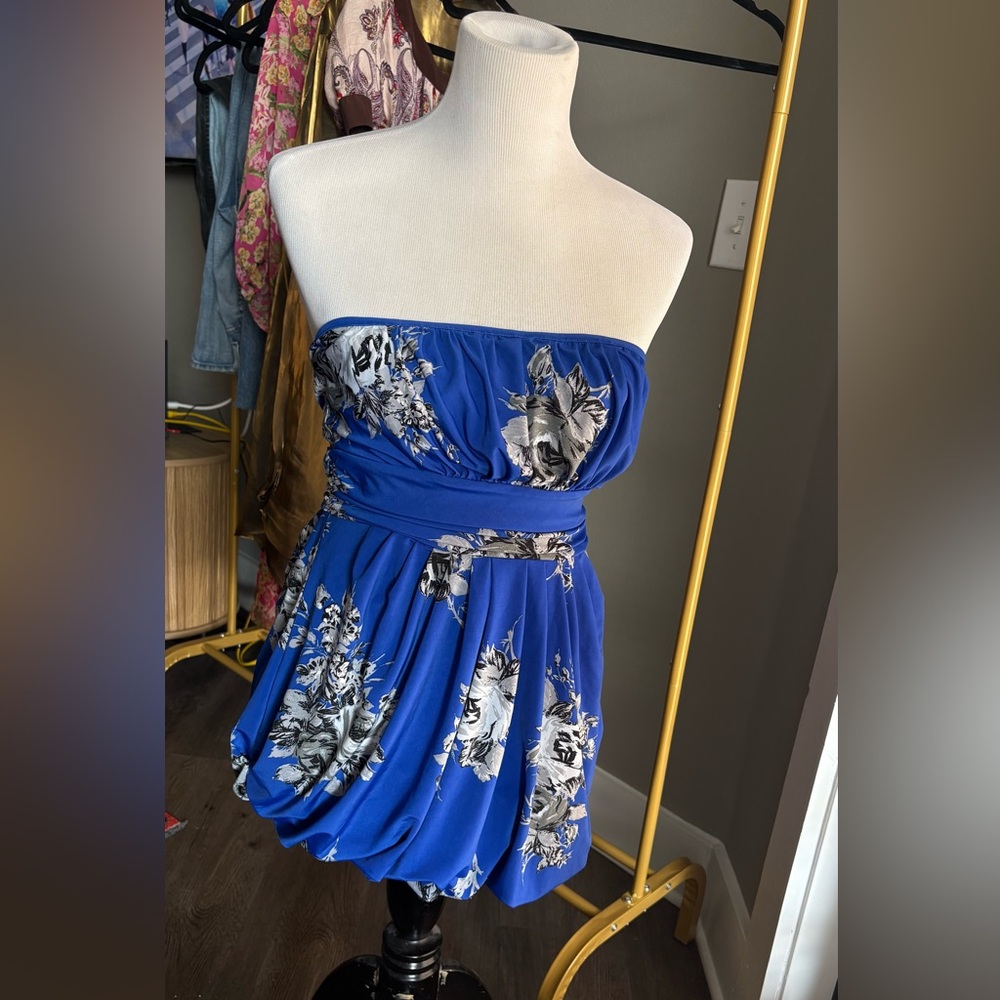 Blue Floral Strapless Bubble Hem Dress